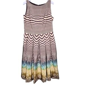 Anne Klein Pleated Dress 6 Brown Striped Pockets Sleeveless Boat Neck‎ Office
